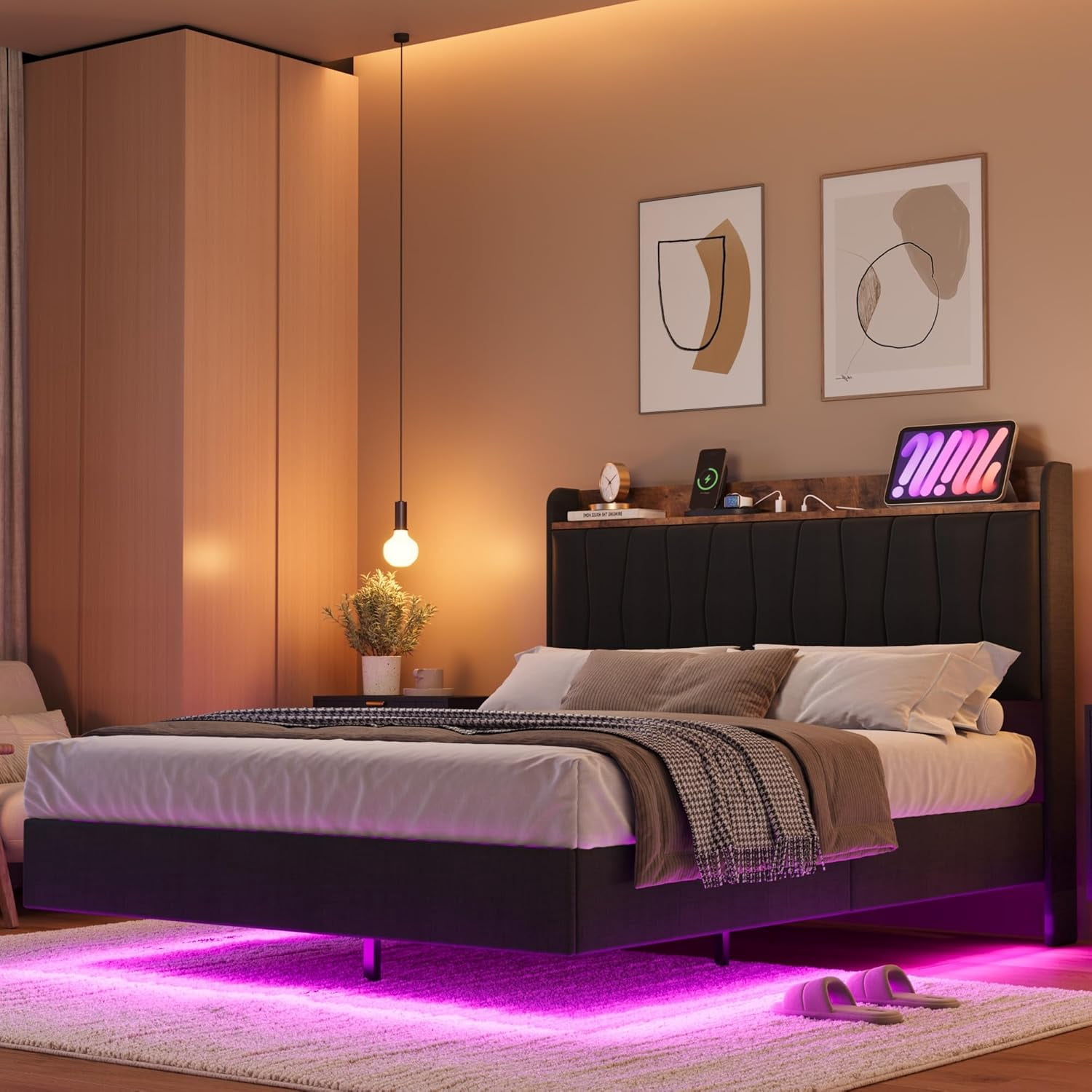Yiwa King Size Bed Frame, Floating Platform Bed with Headboard, LED Lights, Charging Ports, Black Modern Upholstered Bedframe with Sturdy Wood Slats, No Box Spring Needed, Easy Assembly