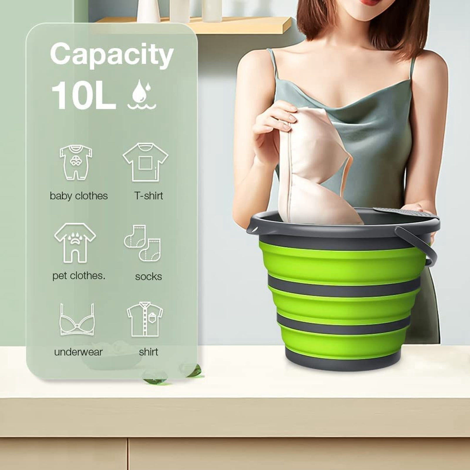 BOKYAN 10L Foldable Mini Washing Machine Portable Ultrasonic Washer for Dorm Underwear Socks Green (13.39 inches / 34 cm)