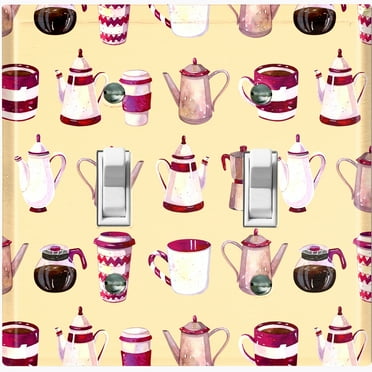 Metal Light Switch Wall Plate Outlet Cover (Coffee Mocha Espresso Tea Pot Kettle Maker Festive Cup Cream Pattern - Double Toggle)