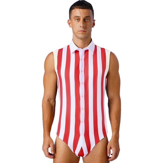 Jhaoyu Combinaisons pour Hommes une Pièce Sans Manches Shorts Combinaison Boutons avant Ajustée Justaucorps Rouge&Blanc m
