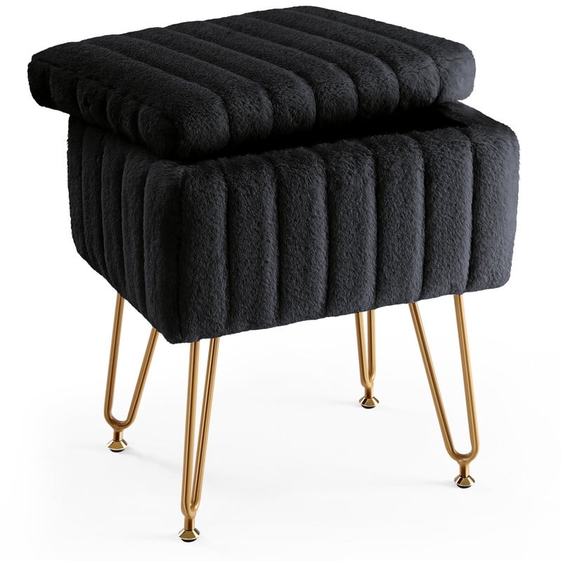 BEAUTYPEAK Vanity Stool with Storage Faux Fur Padded Makeup Ottoman with Gold Metal Legs and Adjustable Feet 18.9" Footstool, Black