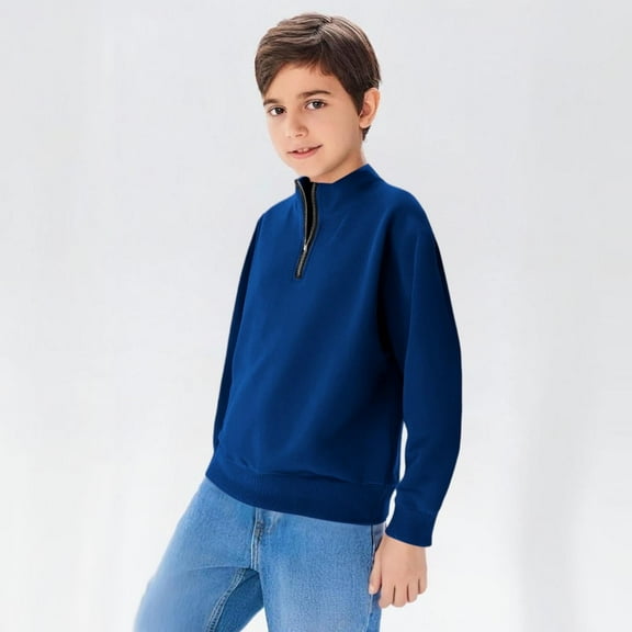 JUSLIO Boys Hoodie Collar Half Zip Hoodless Sweatshirt Solid Color Athletic Long Sleeve Tops Sweatshirts Blue(5 Years)