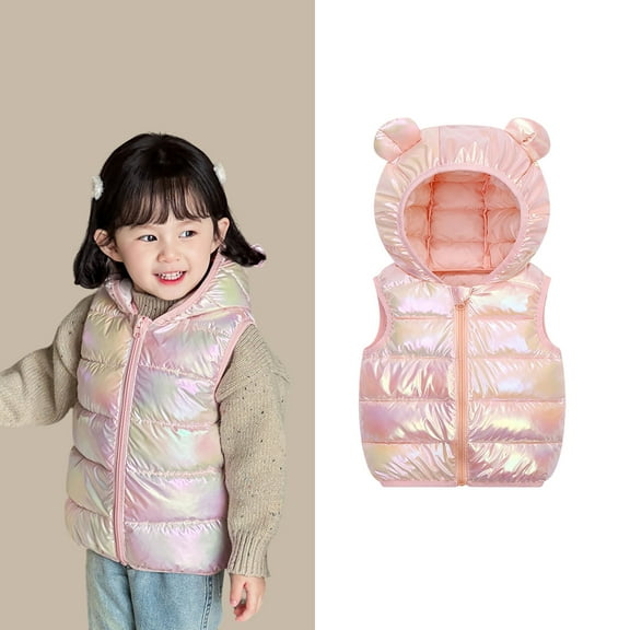 Boys Puffer Vest Hooded Pink Vest Kids Zip up Lightweight Sleeveless Bear Ears down Jacket Girls Vests4-5 Years