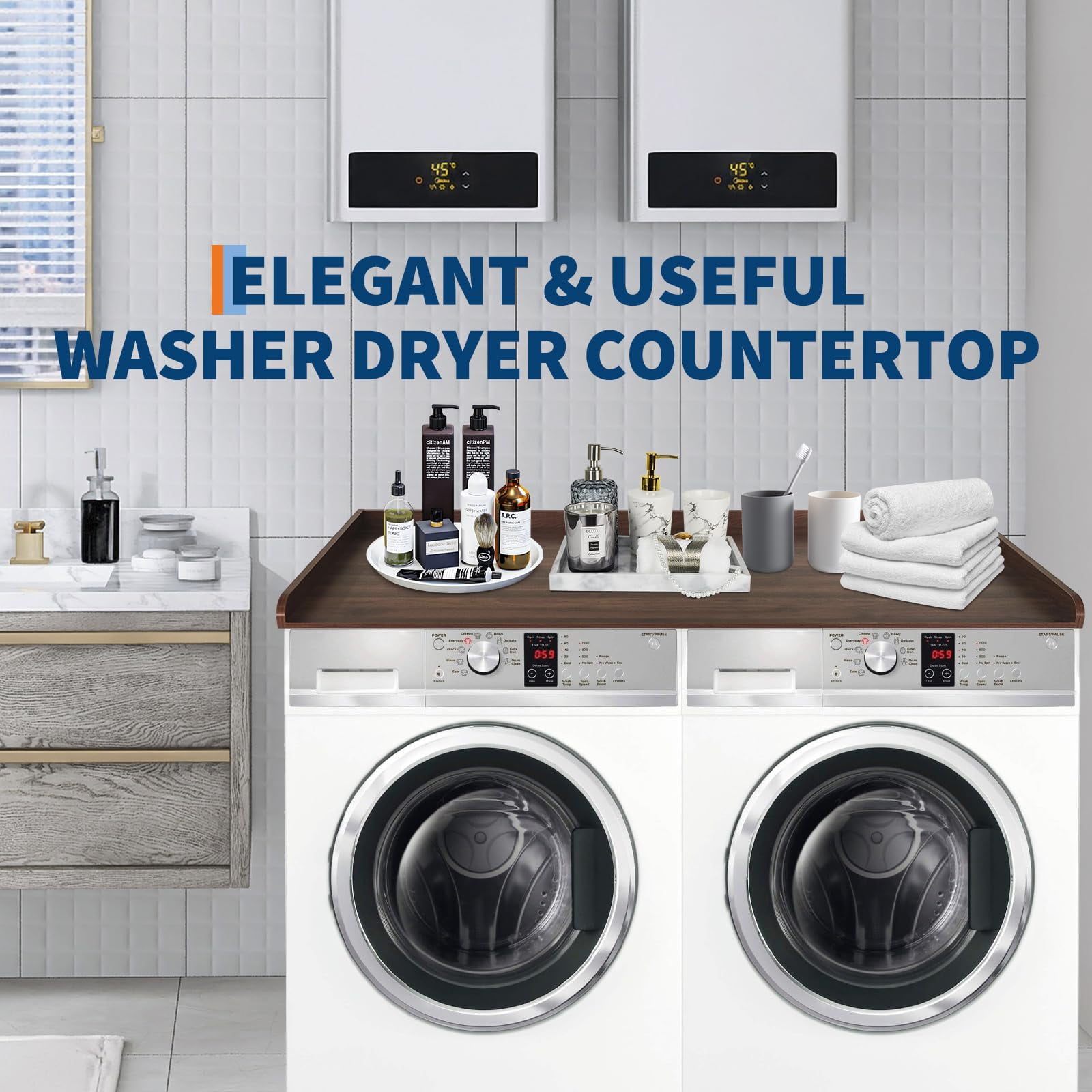 Huisuilinss Washer Dryer Countertop,Laundry Countertop,Wood Washer And Dryer Covers,Washer And Dryer Countertop With 2.75" H Edge Rails,Anti-Slip Pads For Laundry Room Organization And Storage