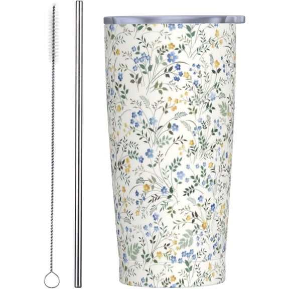 Blue Yellow Floral 20oz Tumbler with Lid and Straw Summer Spring Wildflower Stainless Steel Watercolor Flower Insulated Tumbler Double Wall Vacuum Insulated Cup Thermal Cup Travel Coffee Mug