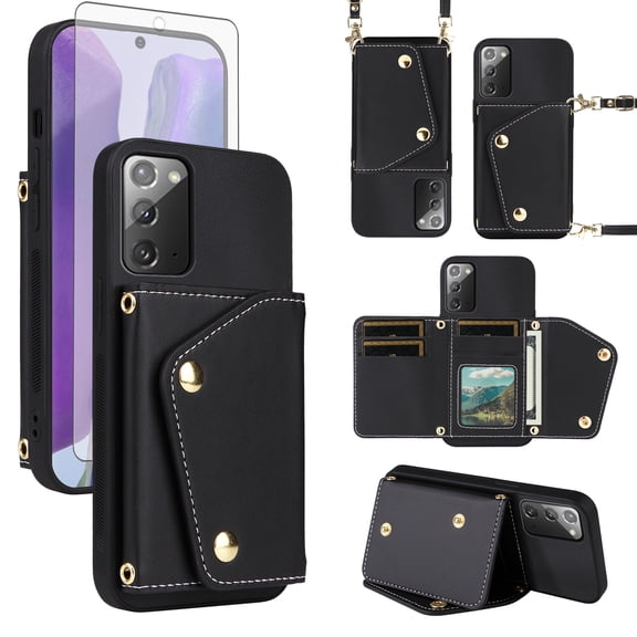 Furiet Wallet Case for Samsung Galaxy Note 20 5G with Tempered Glass Screen Protector Slim Purse Shoulder Strap Card Holder Stand Phone Cover for Note20 Notes 20s Twenty Not S20 Women Men Black