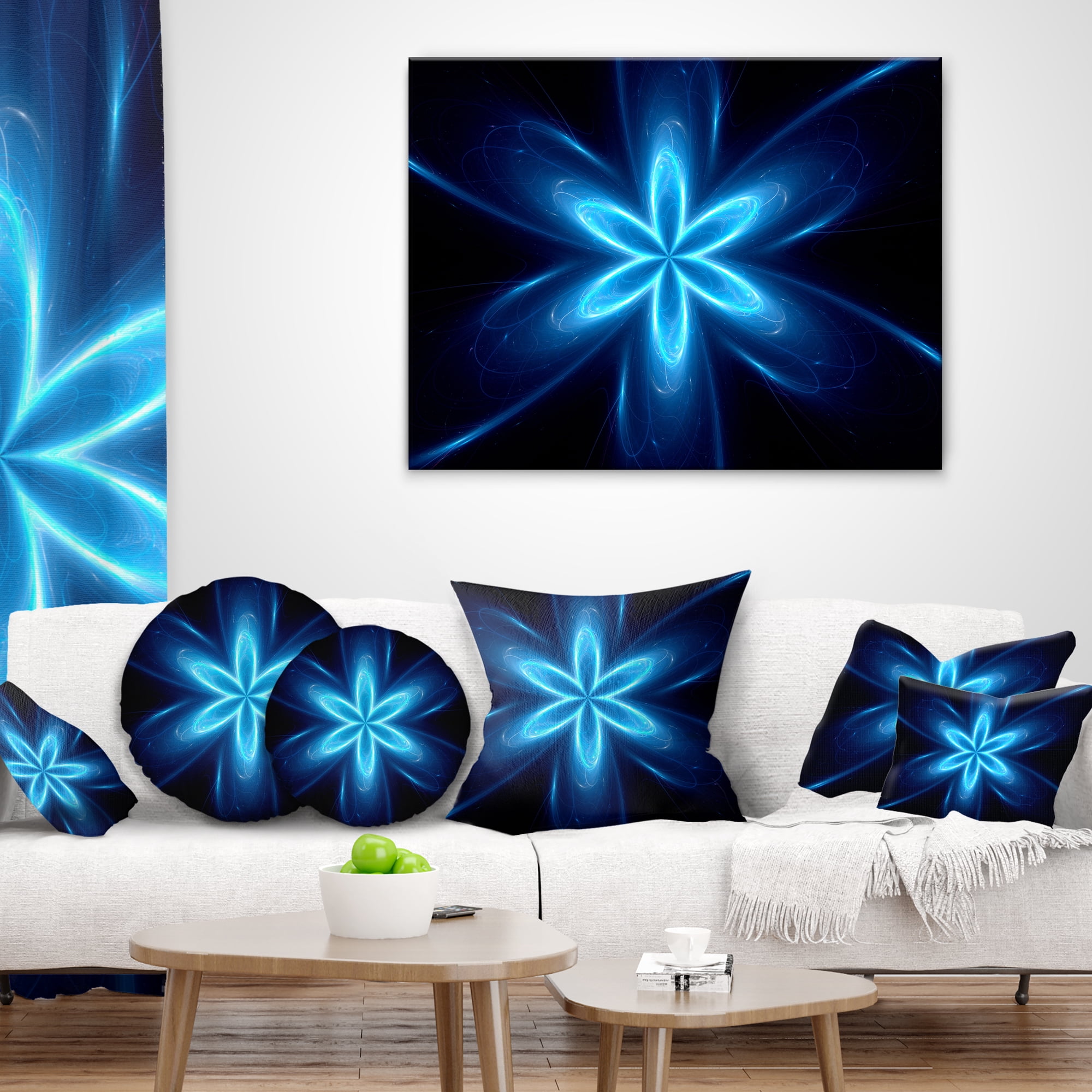 Designart Blue Glowing Space Fractal Flower - Flower Throw Pillow - 16x16