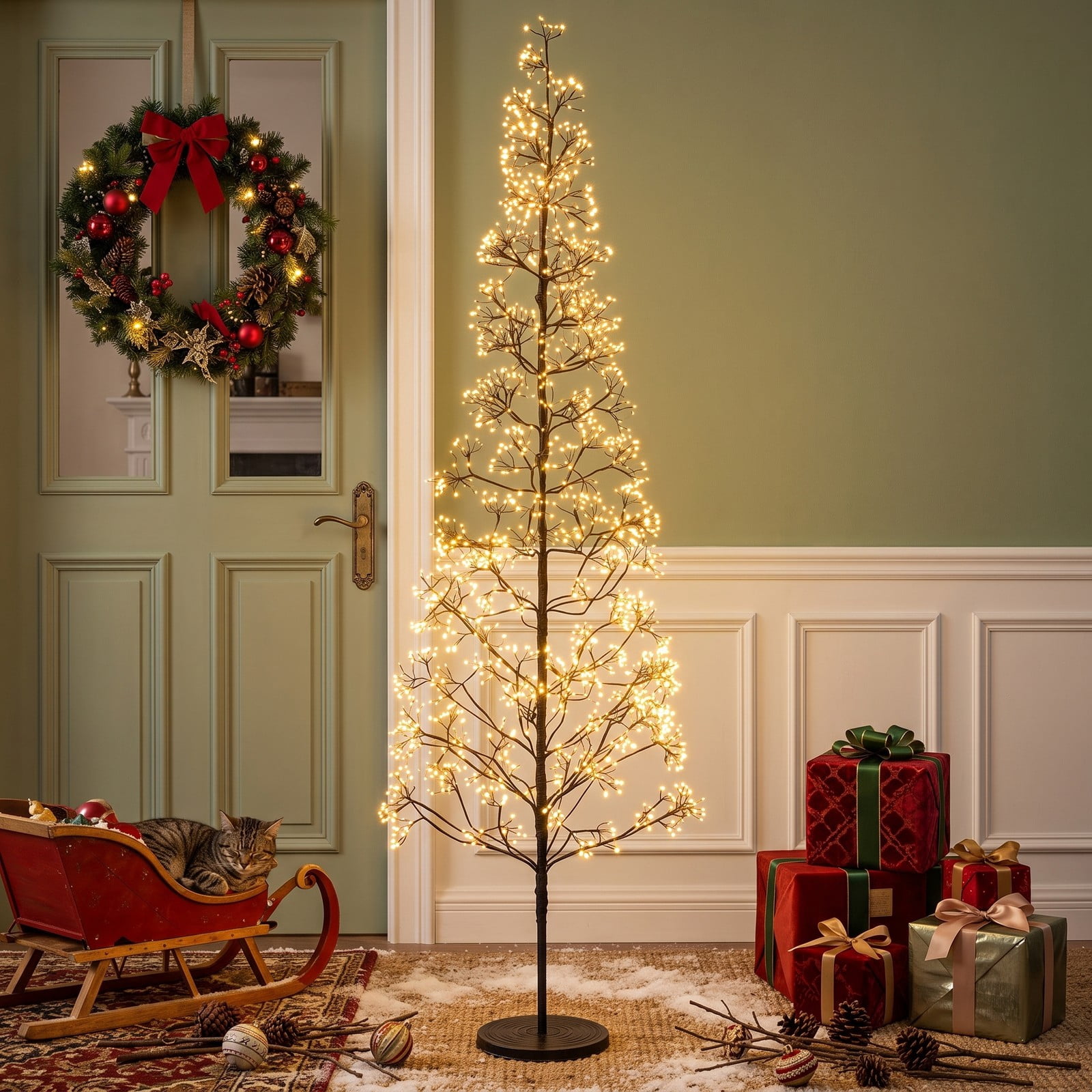 RUIE 7 FT Pre-Lit Artificial Cedar Alpine Christmas Tree with 2100 Warm White LED Lights, Weighted Base, Sectional Design for Indoor Holiday Decor, Black