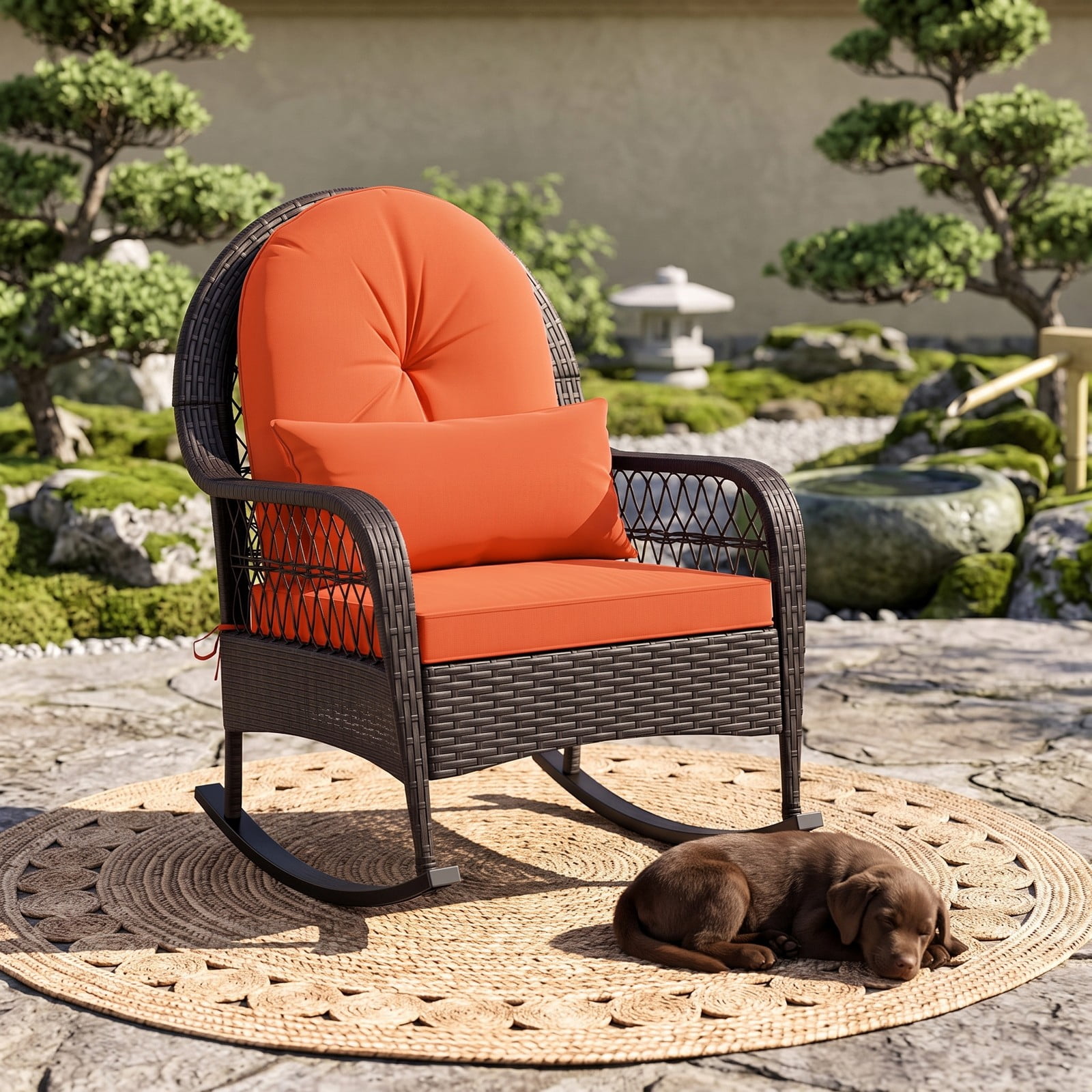 Furnibear Patio Rattan Rocking Chair with Soft Seat, Back Cushions and Waist Pillow for Front Porch, Backyard and Poolside, Red
