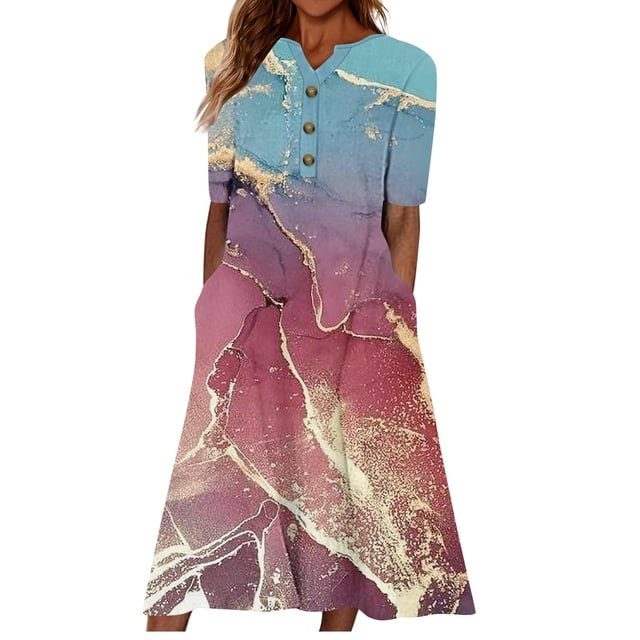 DPTALR Robes d'Été Décontractées à Manches Courtes pour Femmes, Jupes Rétro Longueur Genou, Robes de Sortie Mignonnes pour Filles