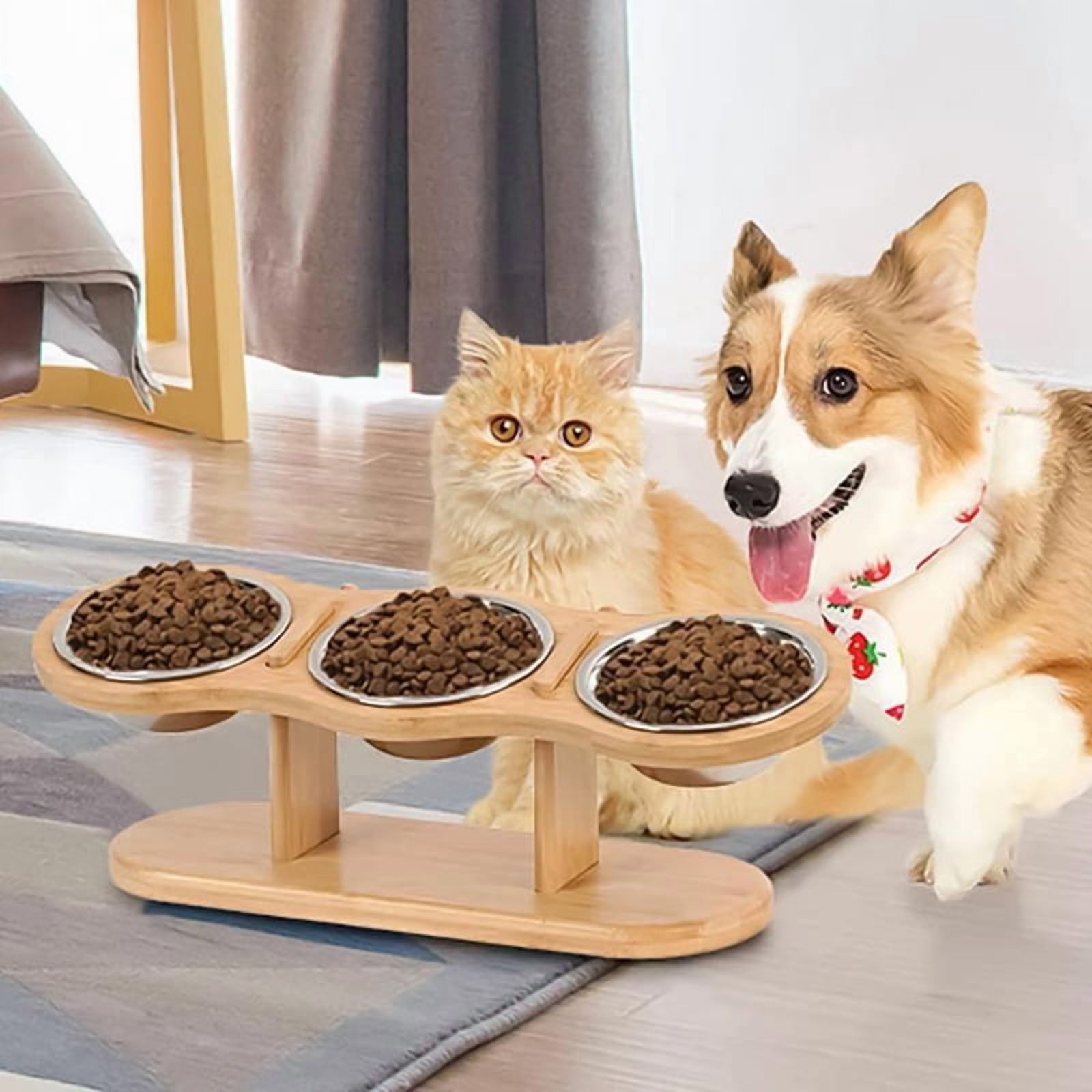 Elevated Cat Bowls with 3 Stainless Steel Bowls Elevated Cat Bowls for Food and Water 15 Degree Tilted Elevated Pet Bowl
