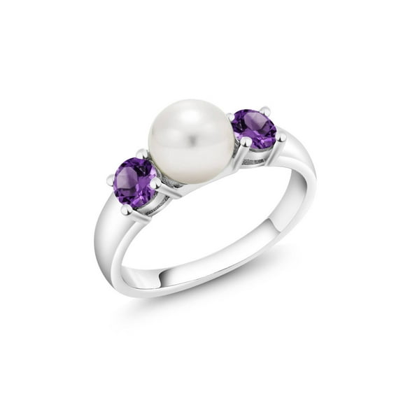 Gem Stone King 925 Sterling Silver Freshwater Pearl and Purple Amethyst Ring for Women (0.72 Cttw, Gemstone February Birthstone, Size 9)