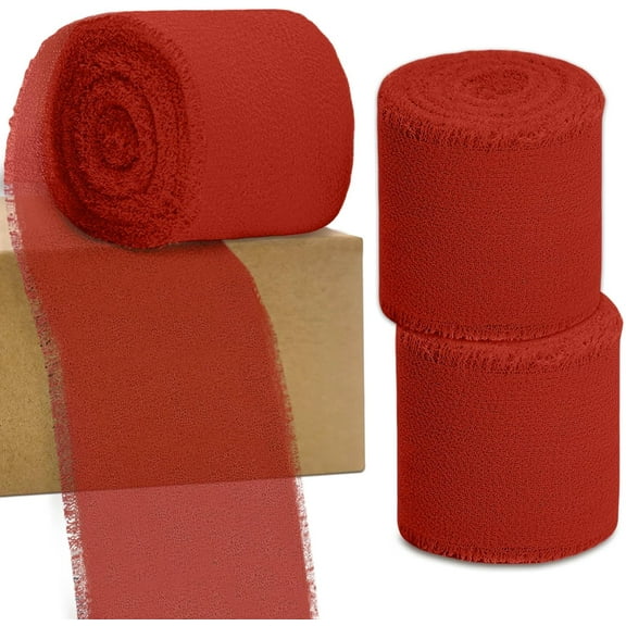 3 Rolls Big Red Chiffon Ribbon, 4cm x 5m, Chiffon Silk Ribbon with Fringe for Bridal Bouquets Wedding Invitations Floral Arrangements Gift Wrapping Home Decor