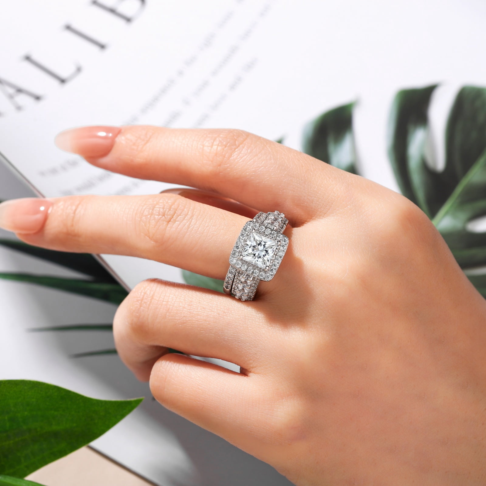 SFTING Wedding Rings for Women Halo Princess Cut Engagement Rings Enternity 5A CZ Silver 18K Plated Jewelry Promise Rings for Her Size 7