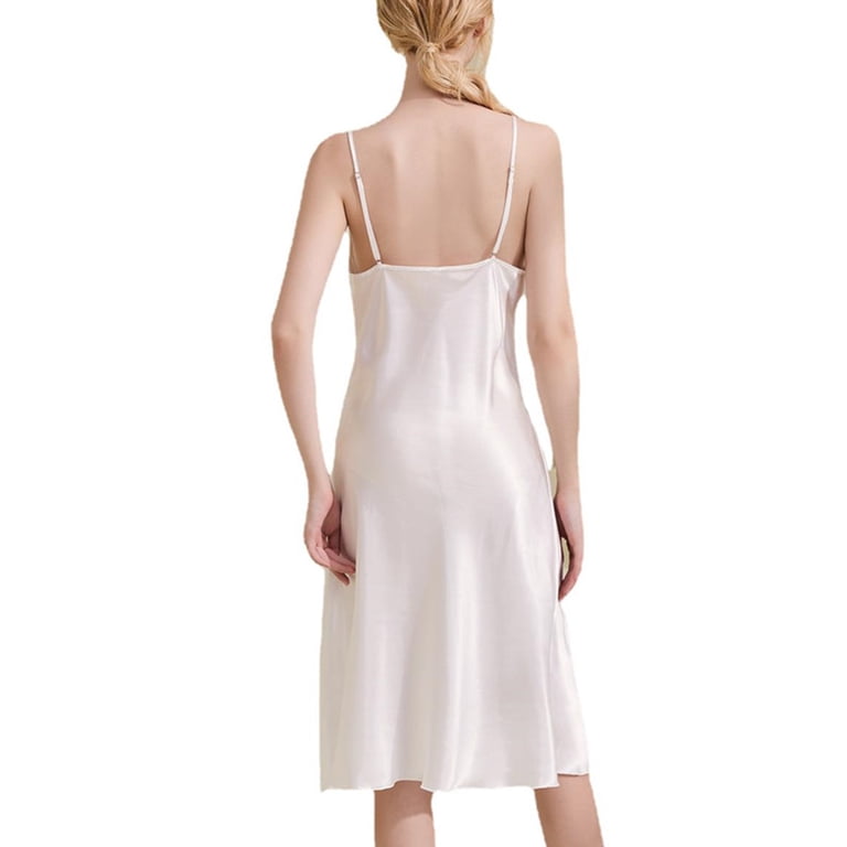 Defitshape Women's Silk Nightgown Summer Chemise Knotted Lace Satin Pajama  Dress Drape Neck Backless High Slit Knee Length Sleep Dress Spaghetti  Straps Lingerie Flounce Flowy White XX-Large - Walmart.com