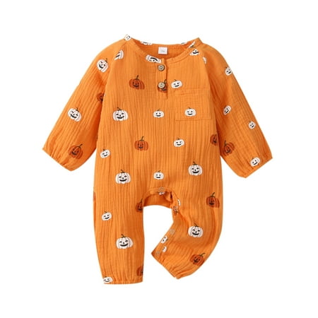 

Canrulo Halloween Infant Newborn Baby Girls Boys Pumpkin Print O-Neck Long Sleeve Romper with Buttons Orange 0-3 Months