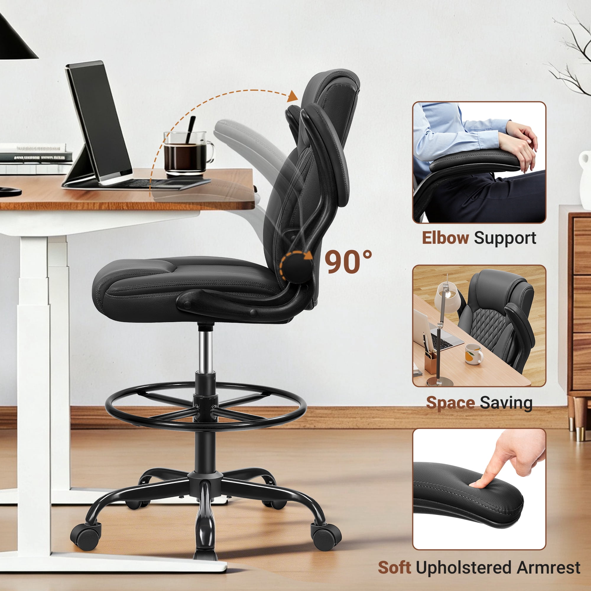 COOLHUT High Back Office Chair with Flip-Up Armrests, PU Leather Executive Ergonomic Computer Chair, Features Lumbar Support, Adjustable Foot Ring for Standing Desks, Home Offices, Black