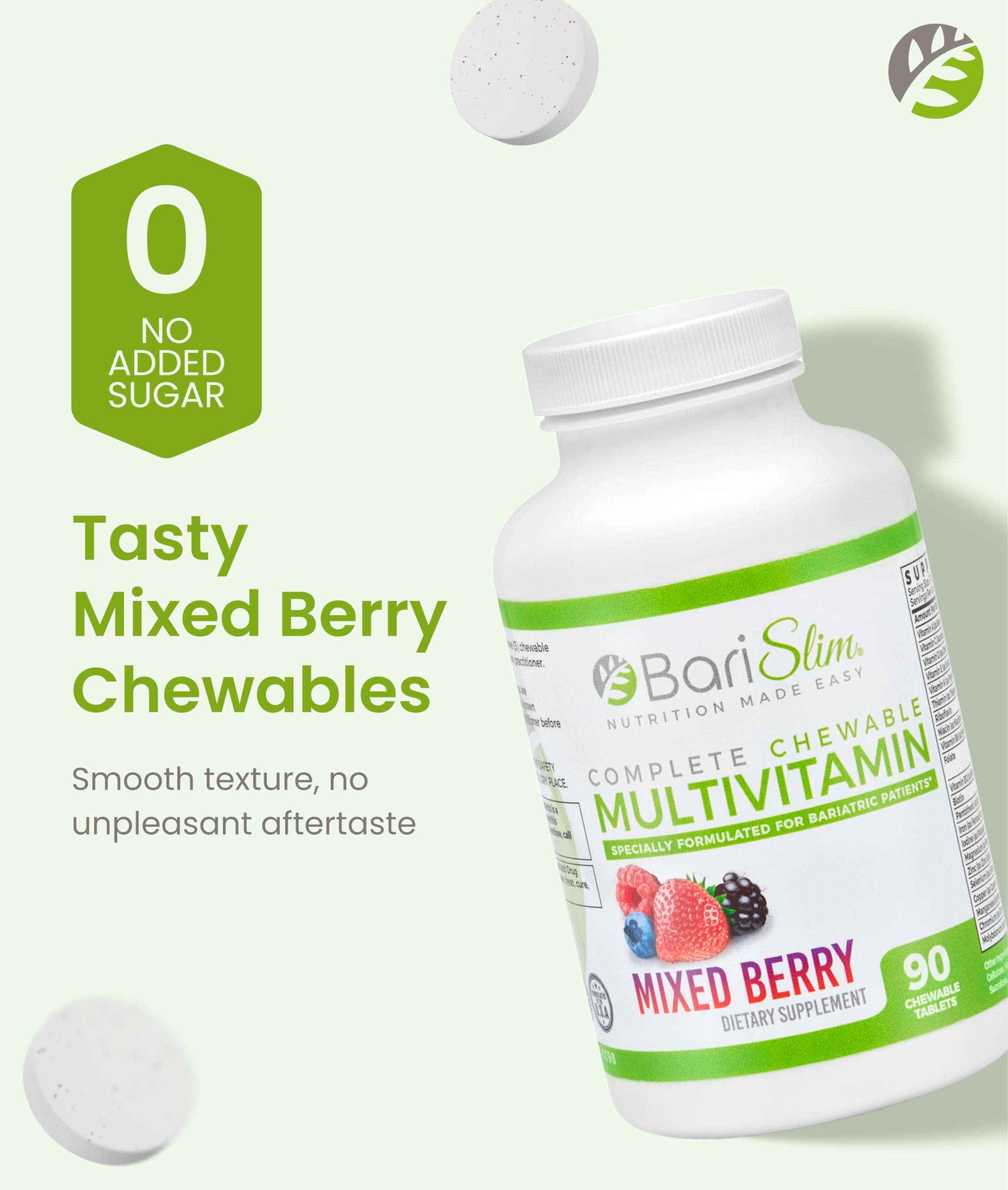 BariSlim Chewable Bariatric Multivitamin Tablets for Energy & Immune Support, Mixed Berry Flavor, 90 Count, 9.8 oz, Adults