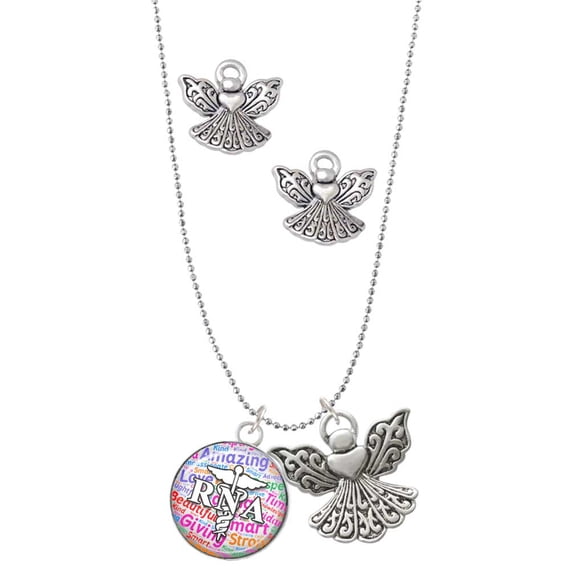 Delight Jewelry Silvertone Domed Multi Color RNA Silver tone Guardian Angel Charm Necklace and Stud Earrings