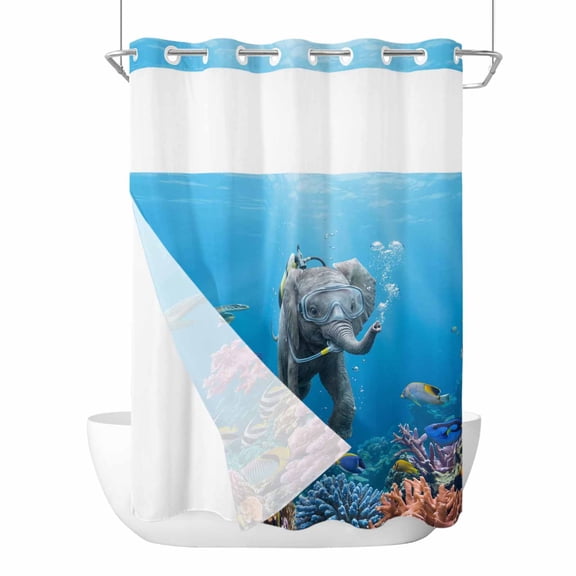 No Hook Shower Curtains with Snap-in Liner Set, Ocean Diving Elephant Waterproof Hotel Style Bathroom Shower Curtain, Blue Coastal Coral Fish Marine Life Breathable Mesh Top Bath Curtains 72''x84''