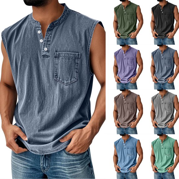 HVOBTTY Summer Men's Short Sleeve Collared ShirtsSolid Color Vintage Print Stand Collar with Open Button and Side Pockets Casual Wear Top