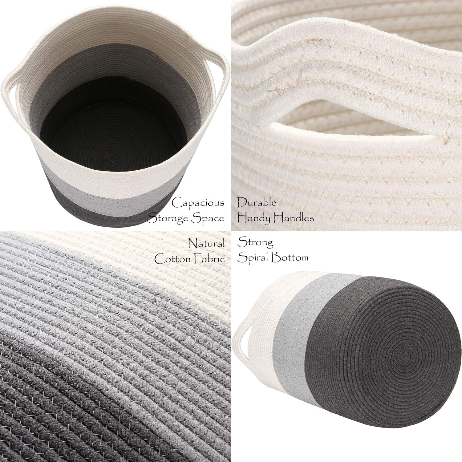 Sea Team Large Size Cotton Rope Woven Storage Basket Laundry Hamper with Handles, 14 x 20 inches, White and Grey