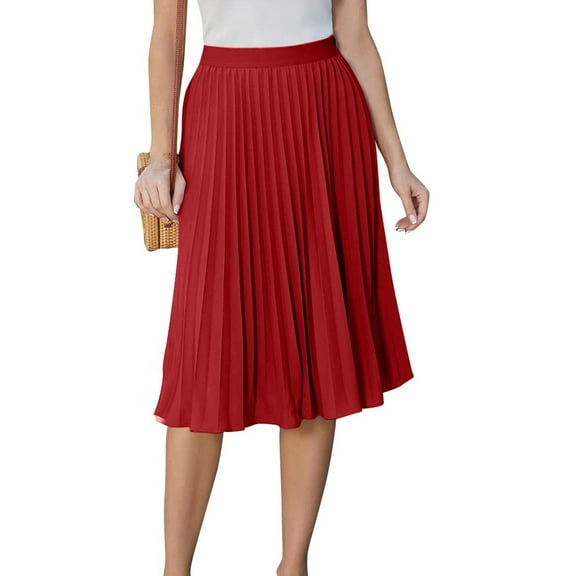 XDDLITP Pleated Skirts for Women Knee Length A-Line Skirts High Waisted Pleated Midi Skirt Chiffon Swing Spring Midi Skirt,Red M