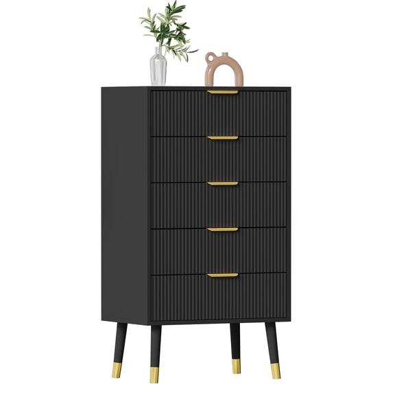 Modern Fluted 5-Drawer Wooden Dresser with Gold Metal Handles, Stylish Space-Saving Storage Organizer Cabinet for Bedroom, Entryway & Hallway - Black
