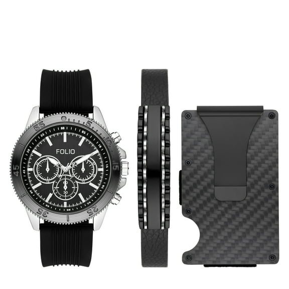 Folio Men's Three-Hand, Silver-Tone Alloy Watch, Bracelet and Card Holder Gift Set
