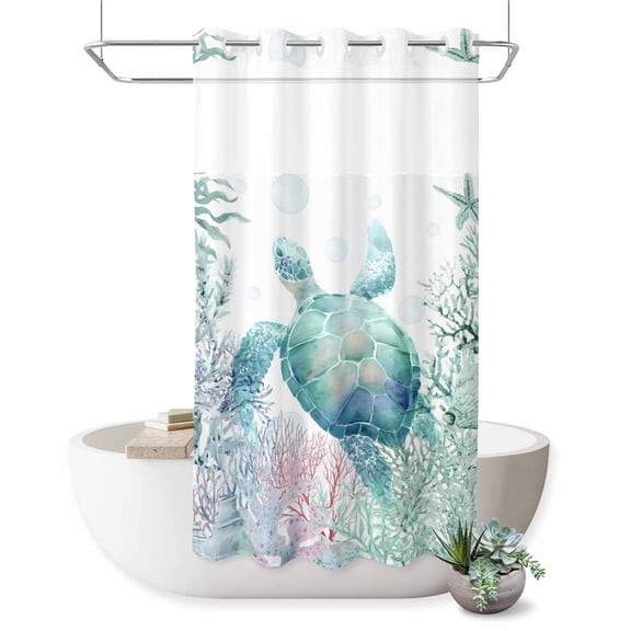 No Hook Shower Curtain, Teal Sea Turtle Shower Curtains for Bathroom with See Through Top Window, Summer Coastal Coral Ocean Waterproof & Washable Bath Curtain Stand Up Stall 36"x72"
