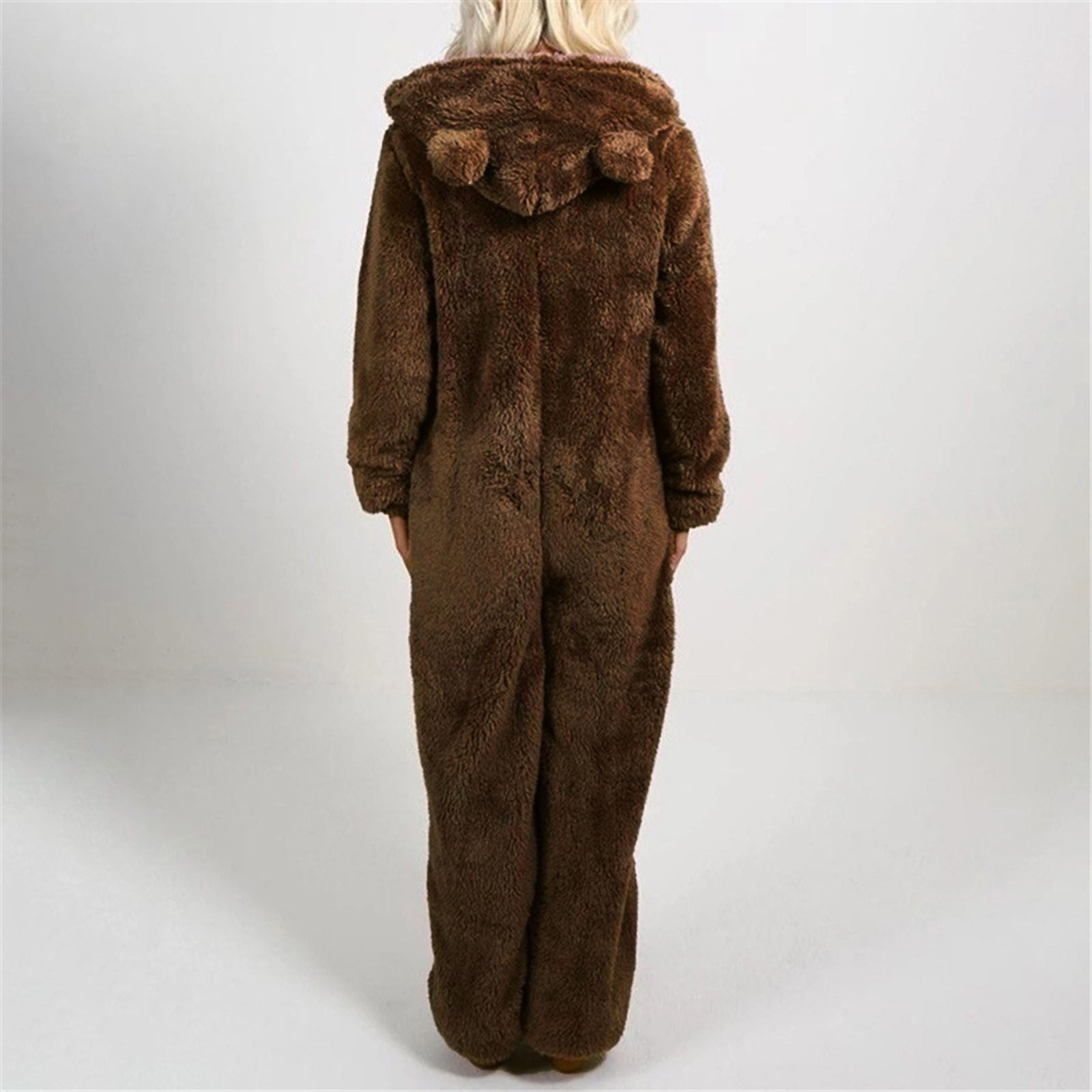 FNFYFH Pajama Onesie for Women Winter Warm Zipper Pajamas Set Cute Teddy Bear Fleece Jumpsuit Fuzzy Furry Sleepwear Sets with Hood Plus Size S-5XL