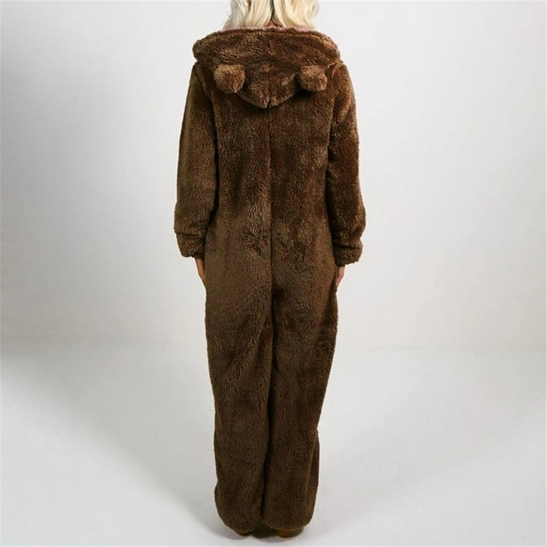 Women Fuzzy Bear Adult Onesie Fluffy Pajamas Animal Costume Plush