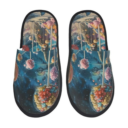 Balery Starry Sky Planet Lollipop Slient Indoor Furry Fleece Comfort House Shoes Soft Non-Slip Home Shoes Cotton slippers House Slippers-- Medium