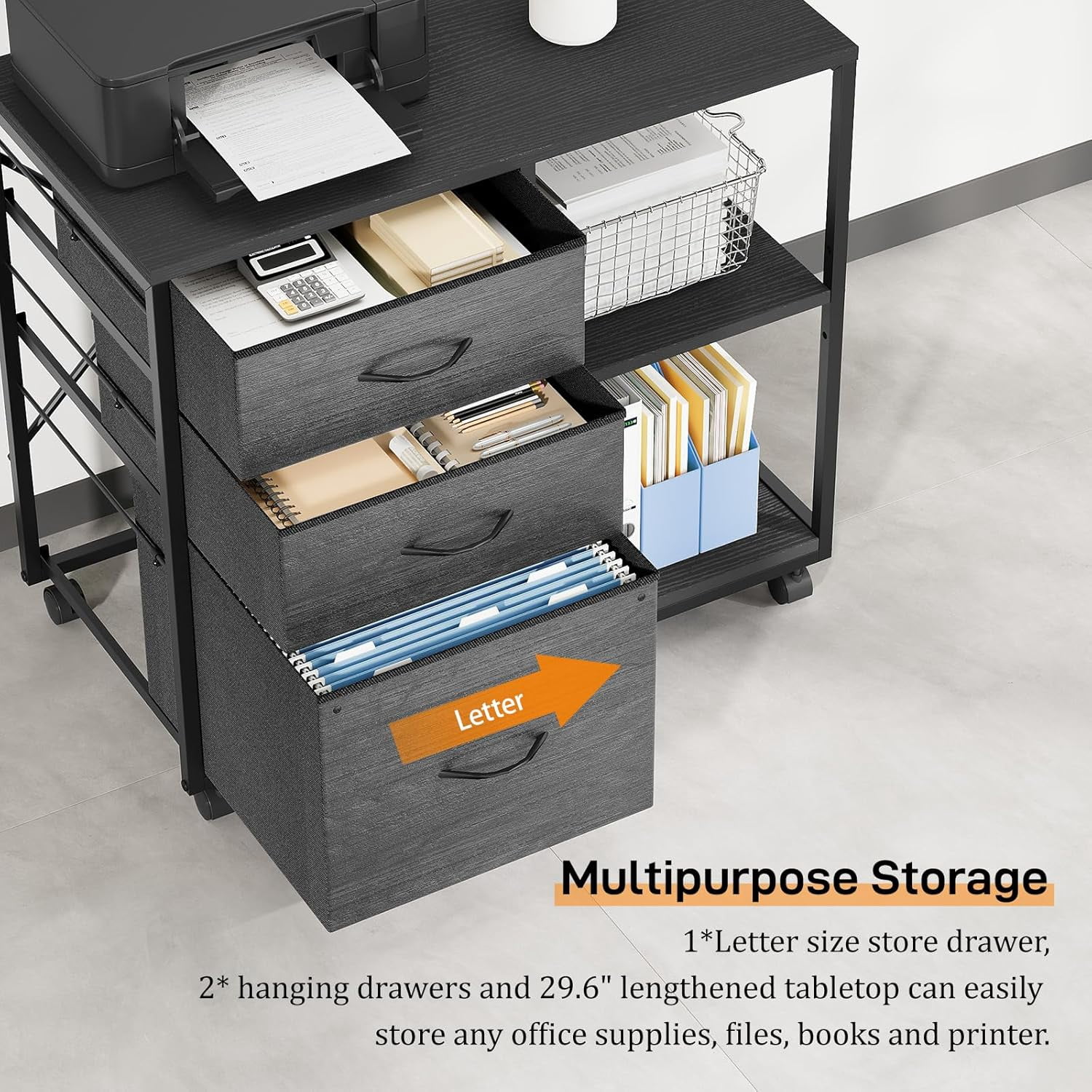 Ktaxon Rolling File Cabinet Under Desk Printer Stand with Shelves Adjustable, Mobile Lateral Filing Cabinet for Home Office, Fits Letter for Home Office, Black