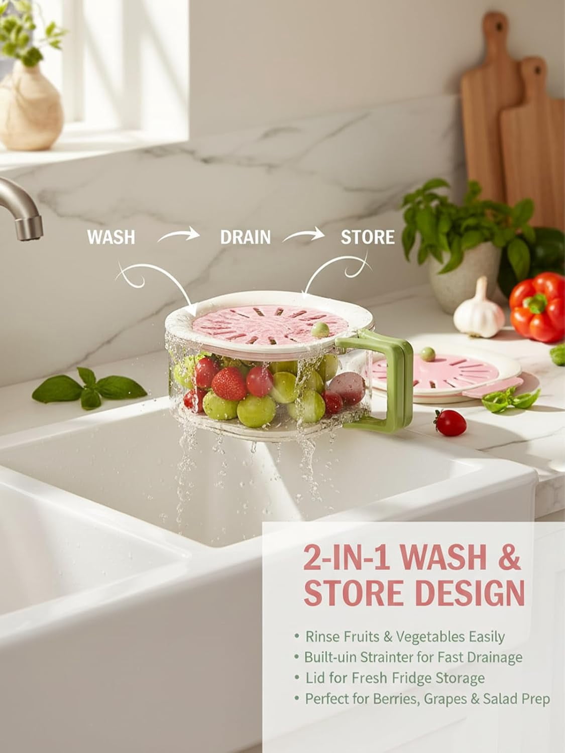 2-in-1 Draining and Preservation Basket, Fruit Washing Bowl with Strainer and Lid, Vegetable Washer Container for Kitchen and Fridge Storage