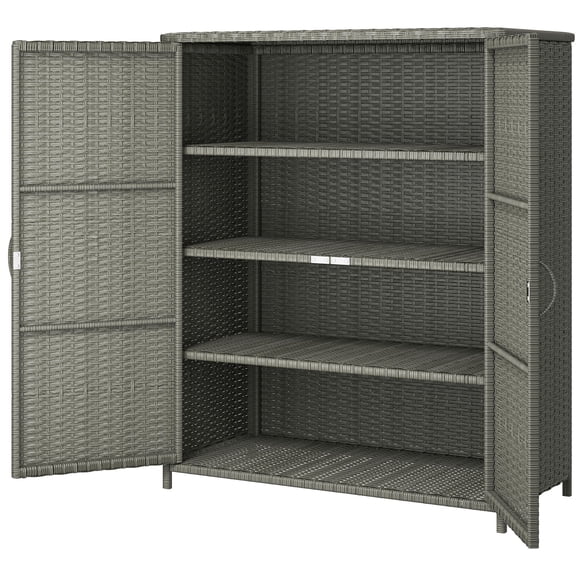 Dark Grey PE Rattan Outdoor Storage Cabinet with 4 Shelves and 2 Doors, Weather Resistant Wicker Pool Organizer for Patio, Garden, Backyard, Spa, and Deck, 33.5"L x 15.7"W x 40.6"H