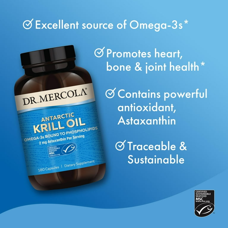 Dr. Mercola Antarctic Krill Oil - 1,000 mg - Omega-3 Supplement with EPA &  DHA - Supports Brain, Heart, Joint & Immune Health - GMO-Free, Gluten-Free  & Soy-Free - 180 Capsules (90 Servings) - Walmart.com