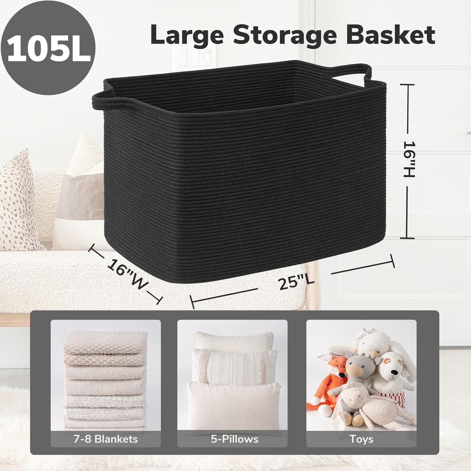 PrimeCook Shop Large Woven Storage Basket, 105L Extra Large Blanket Basket for Living Room, Bedroom, Rectangle Cotton Rope Organizer for Toy Storage, 25”x16”x16”, Black