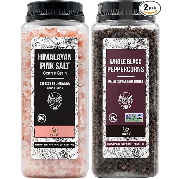 Soeos Himalayan Pink Salt 39 oz & Whole Black Peppercorns 18 oz Set, Coarse Grain Salt, Non-GMO, Kosher, Premium Grinder Refill Seasoning Bundle