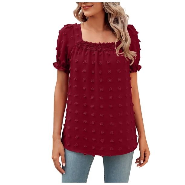 Blusa de gasa con cuello cuadrado de manga corta de color sólido de verano para mujer OAVQHLG3B Store lin121212