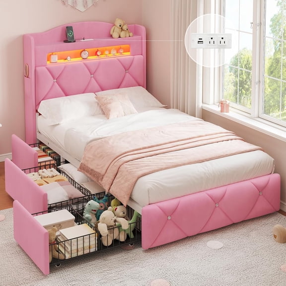 Twin Size Upholstered Bed Frame with 3 Large Storage Drawers,Tufted Velvet Upholstered Princess Platform Bed with Storage Headboard,Twin Size Bed with LED Lights & Charging Station,Pink