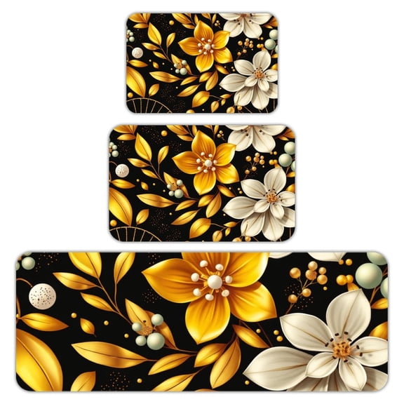 RKSupls Kitchen Rug Set 3 Piece Anti-Slip Flannel Floor Mats, Gold Floral Elegance Washable Absorbent Runner Mats for Kitchen Bathroom Home Decor