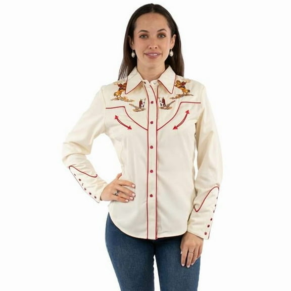 Scully PL-914-CRM-XL Womens Cattle Roper Embroidery Poly & Rayon Long Sleeve Shirt, Cream - Extra Large
