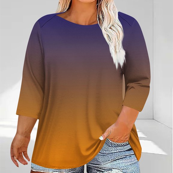 thefmos Plus Size Tops for Women Fall Winter Round Neck 3/4 Sleeve Flowy Casual Basic Pullover Tunic Blouse Loose Fit Comfy Gradient Tshirt Solid Color Dressy Business Work Clothes, Yellow 4XL