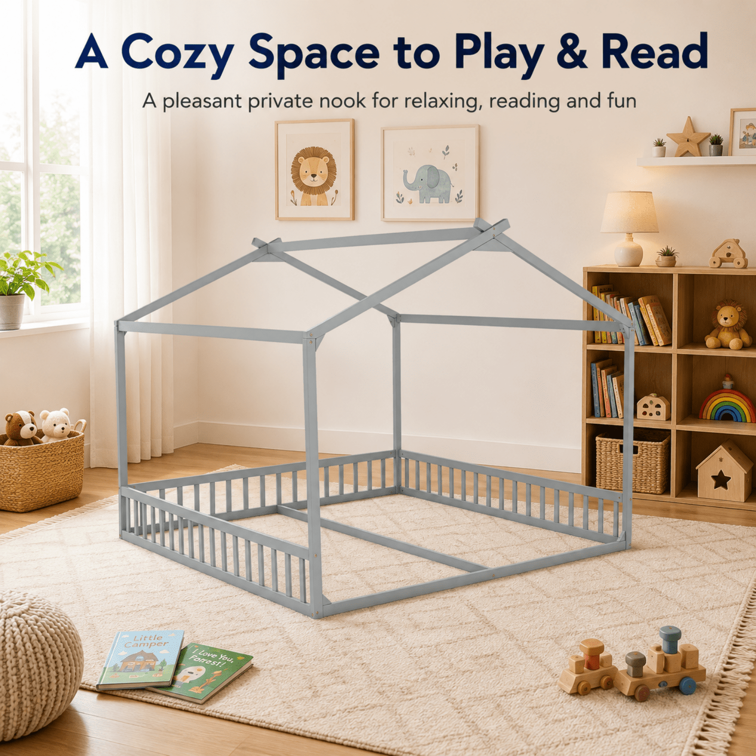 Miniyam Double Twin Floor Bed for Kids, House Bed with Guardrails and Open Entrance, Gray