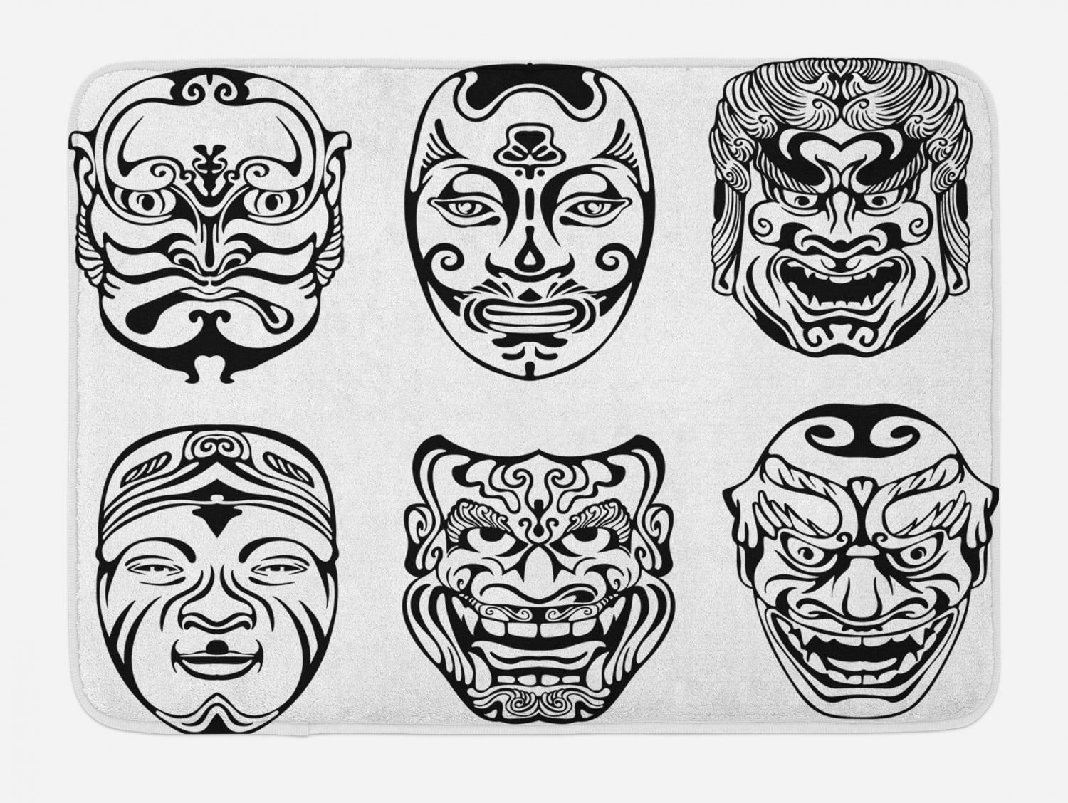 Kabuki Mask Bath Mat, Japanese Nogaku Theatrical Masks Showing Emotions