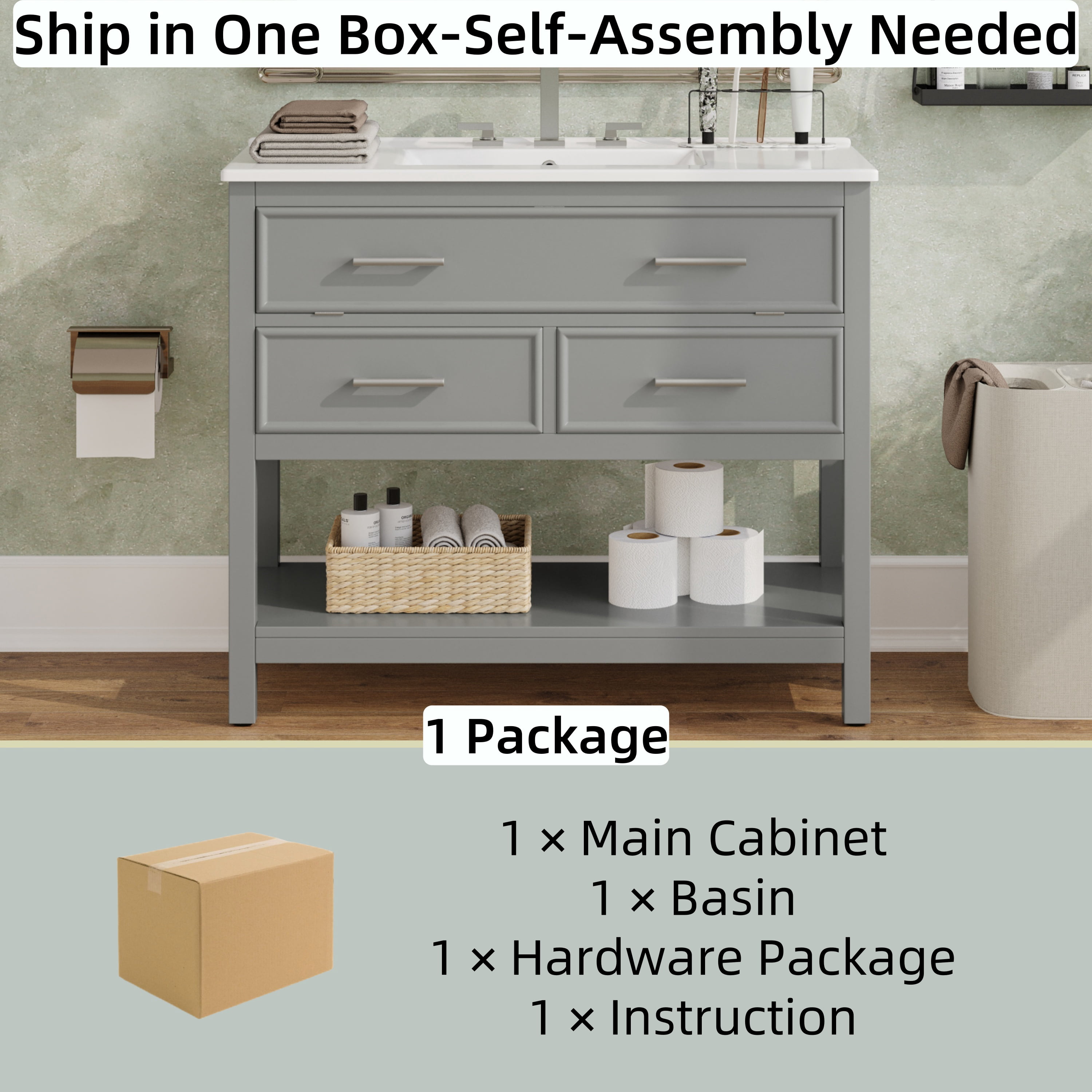 Euroco 36" Bathroom Vanity with Ceramic Sink, Bathroom Vanity with Tip-Out Tray and 2 Full-Extension Drawers, Silver Pulls and Soft Close Drawer Slides Design, 1 Open Shelf at the Bottom, Gray