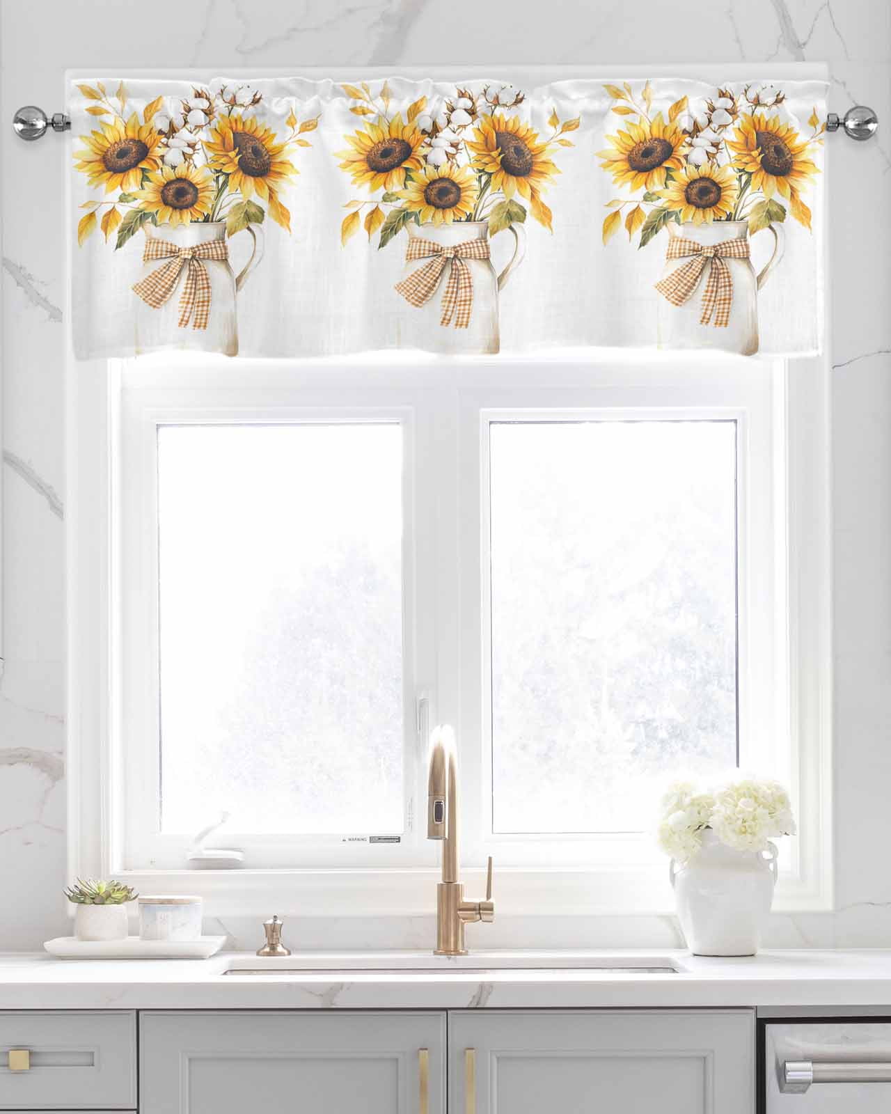 Sunflower Kitchen Valances for Windows Farmhouse Linen Window Valance Curtain for Living Room Window Treatment Farm Country Floral Botanical Plaid Bow Valance Rod Pocket Topper Drape, 60 x 18 Inch