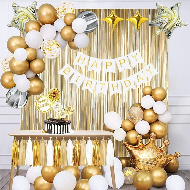 Conjunto de decoraciones de fiesta doradas con pancarta de cumpleaños, confeti dorado y blanco
