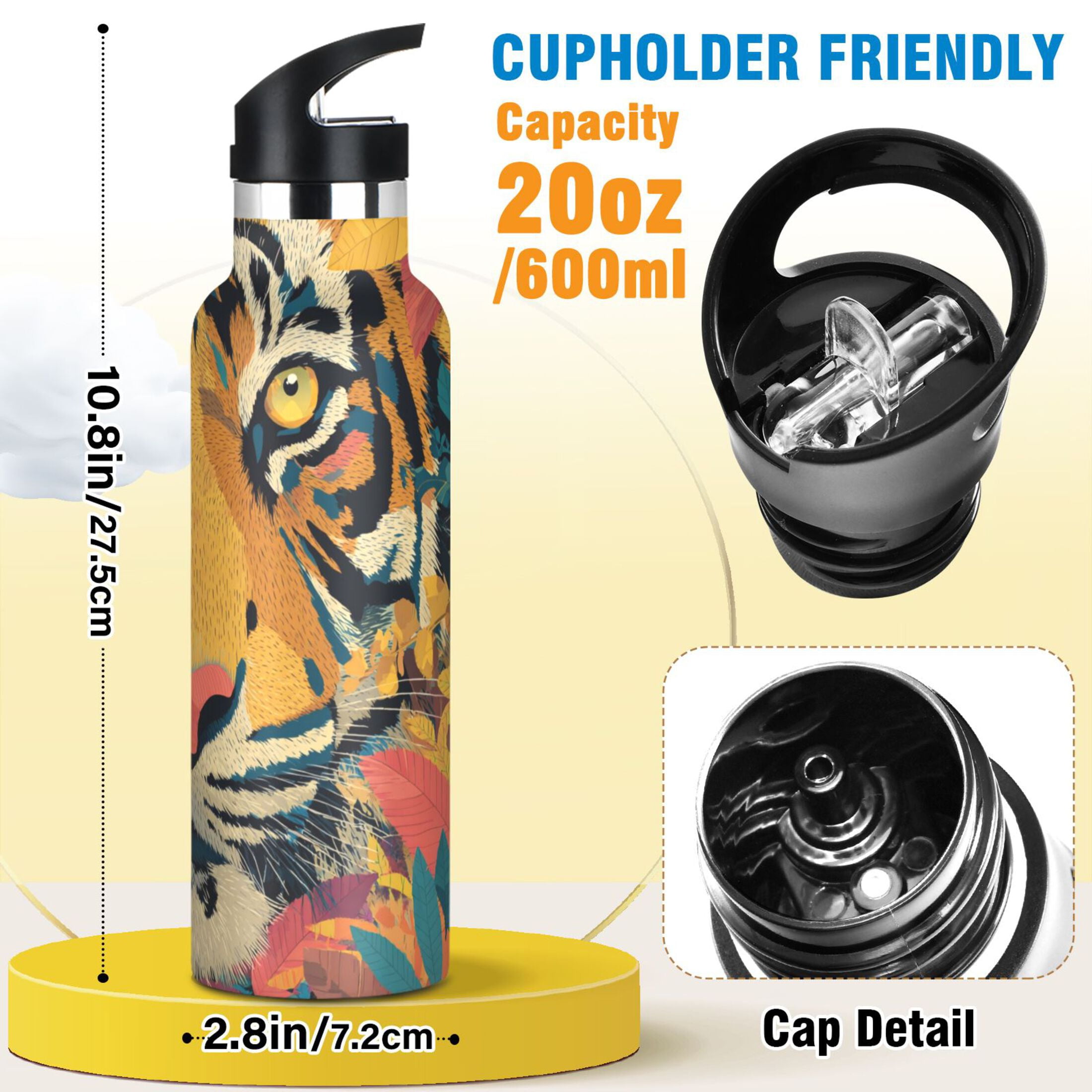 600ML Stainless Steel Insulated Cup Sports Water Bottle Portable Thermos Cup Water Glasses Insulated Tumblers Convenient and Durable Orange Tiger Cartoon